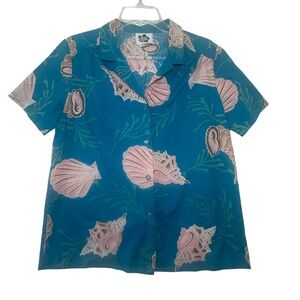 Vintage Hilo Hattie shirt Hawaiian Large blue seashells